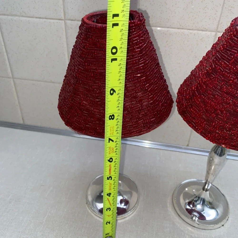 Pottery Barn Holiday Vintage Red Beaded Lamp Shades Votive Candlestick‎ Holders